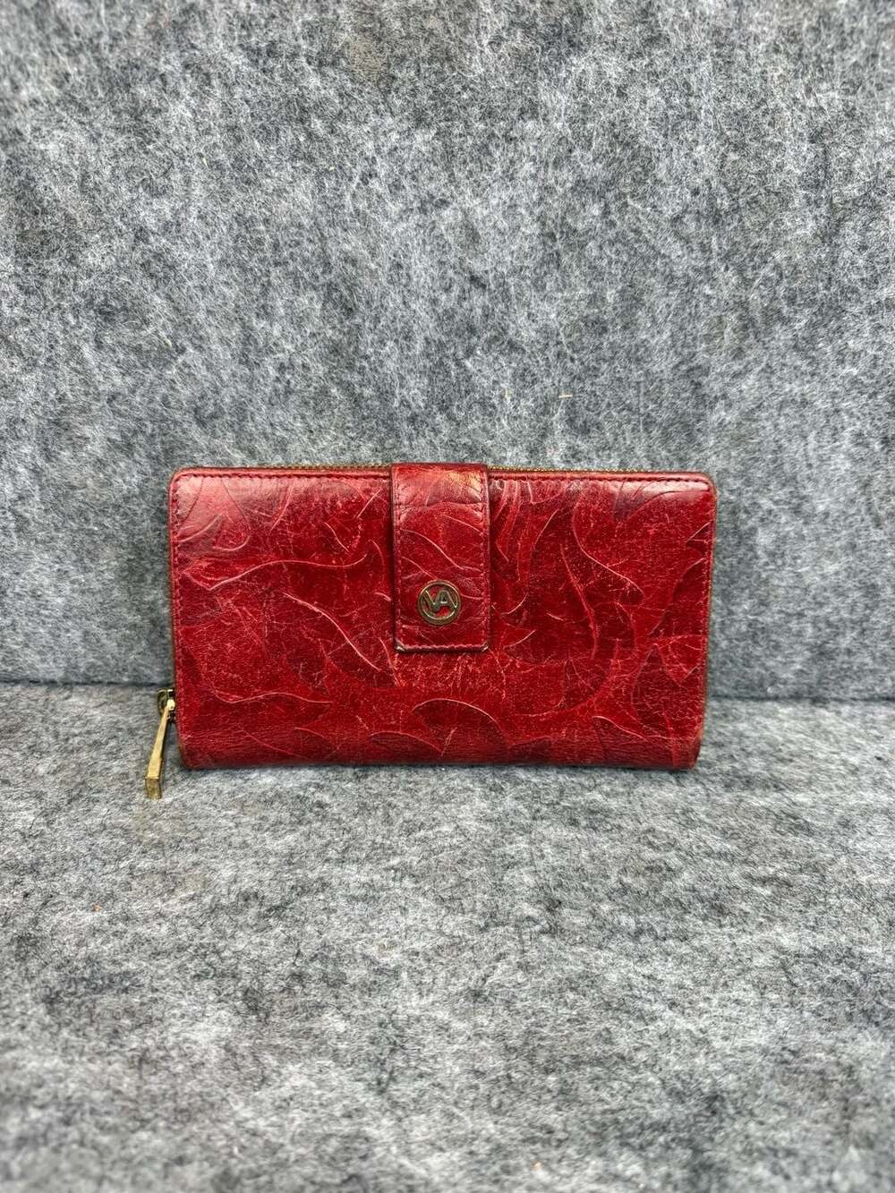 Valentina Red Floral Embossed Leather Italian Bifold Zip-Around Wallet
